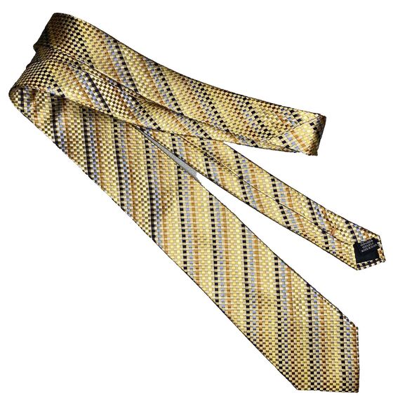 PEACOCK Tie 100% Pure Silk Hand Made Striped Square Geometric Gold Blue - Picture 4 of 6